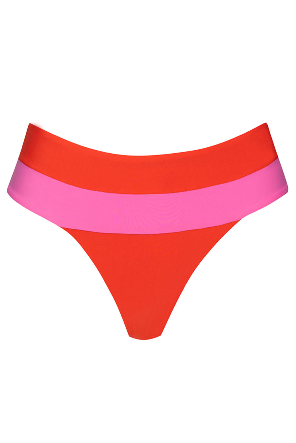 A high waist pink and red striped bikini bottom against a white wall.