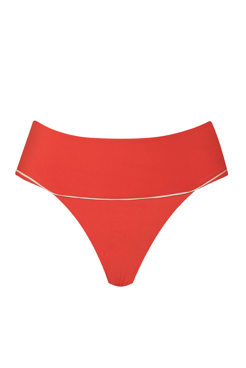 A high waist red bikini bottom against a white wall.