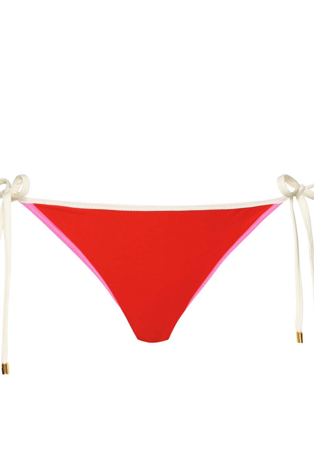 Red tie side bikini bottoms against a white wall.