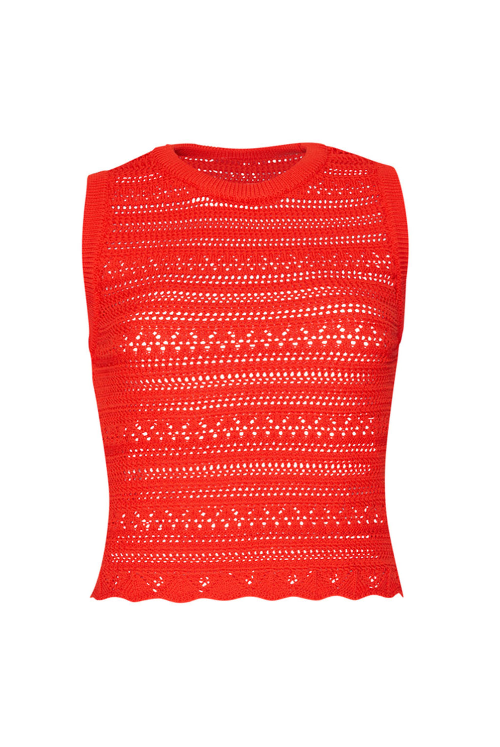A red crochet tank top against a white wall.