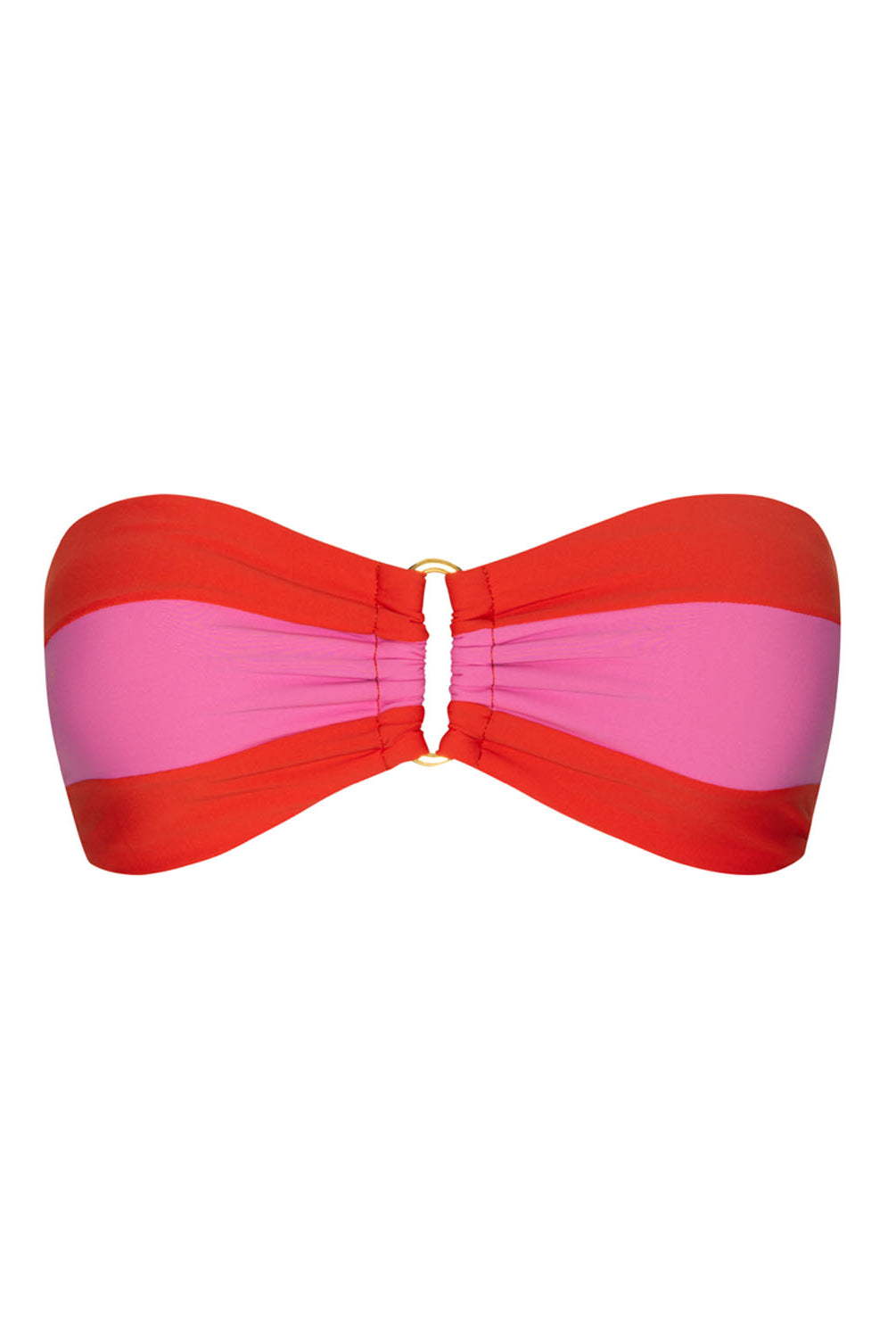 A pink and red striped bandeau bikini against a white wall.