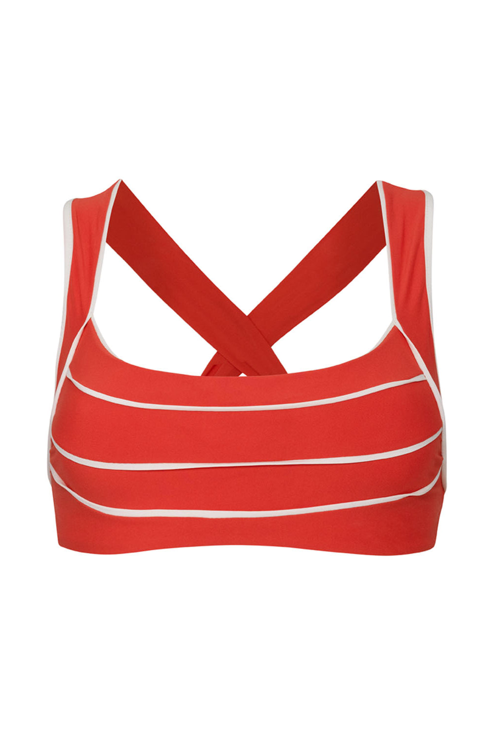 A red bikini top with white piped detailing against a white wall.
