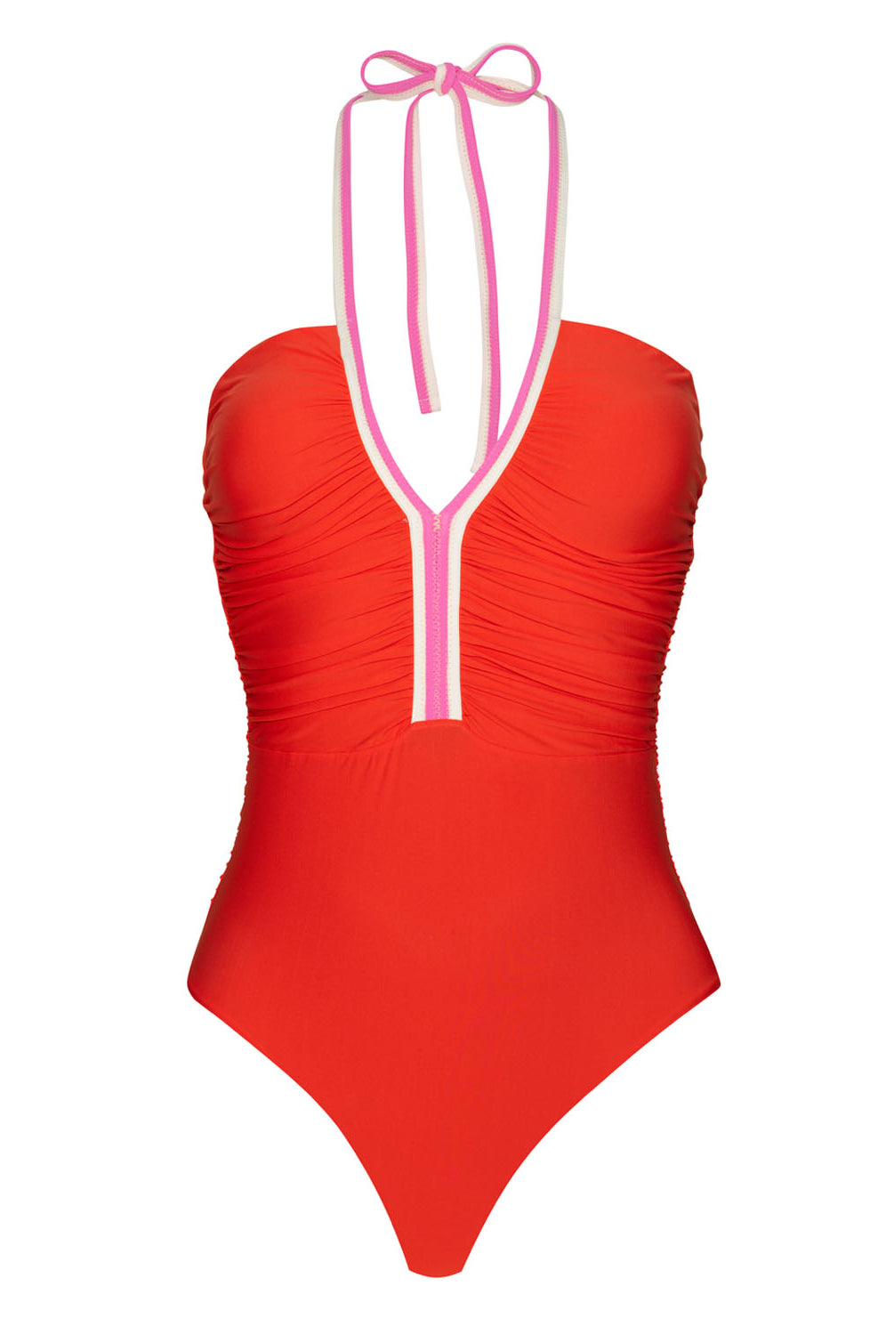 A red one piece swimsuit with pink straps against a white wall.