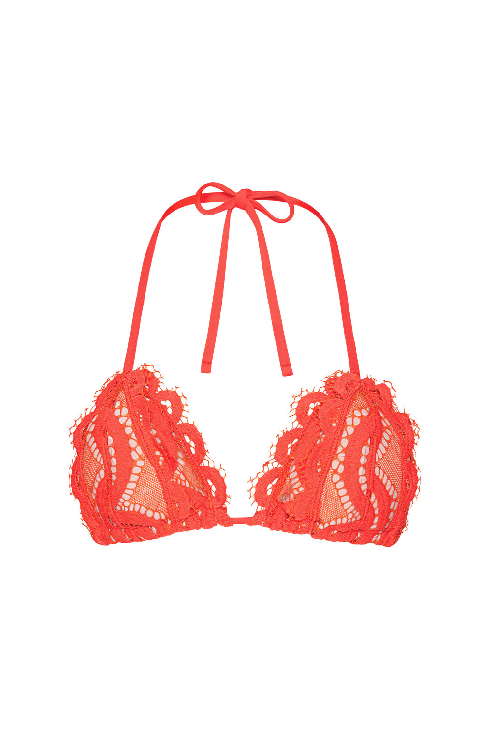 Passion Lace Triangle Top in red lace with adjustable ties.