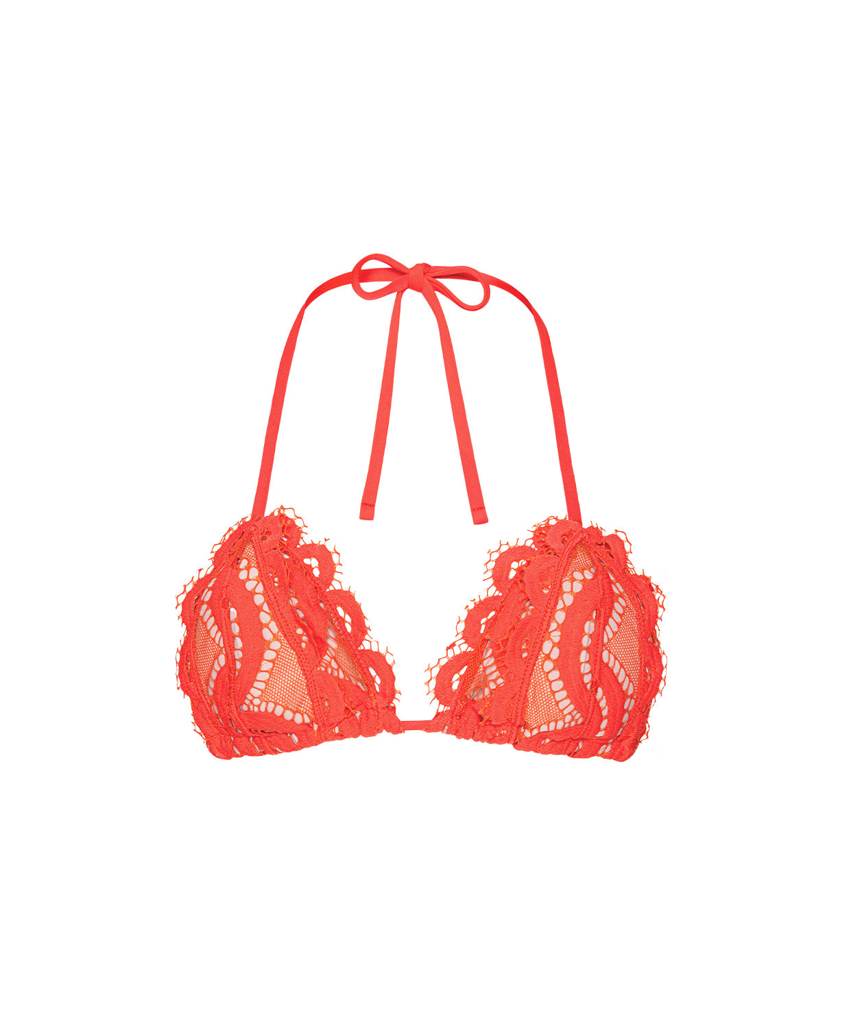 Passion Lace Triangle Top in red lace with adjustable ties.