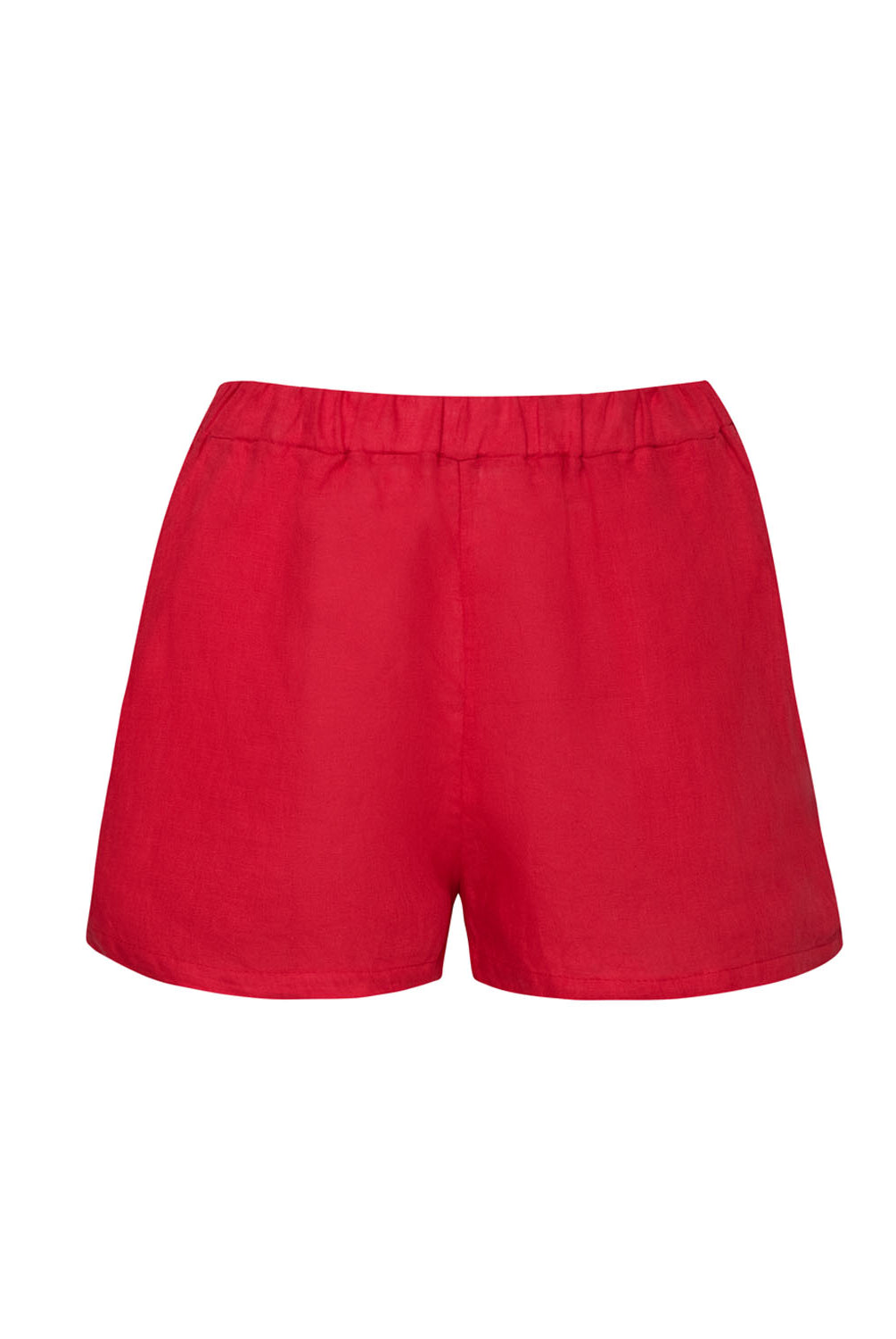Red linen shorts against a white wall.