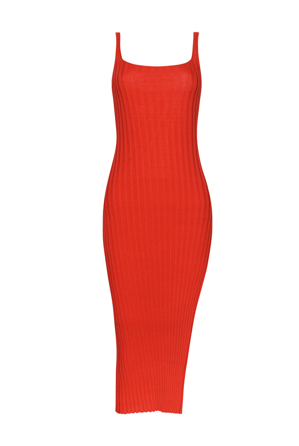 A long red dress against a white wall.