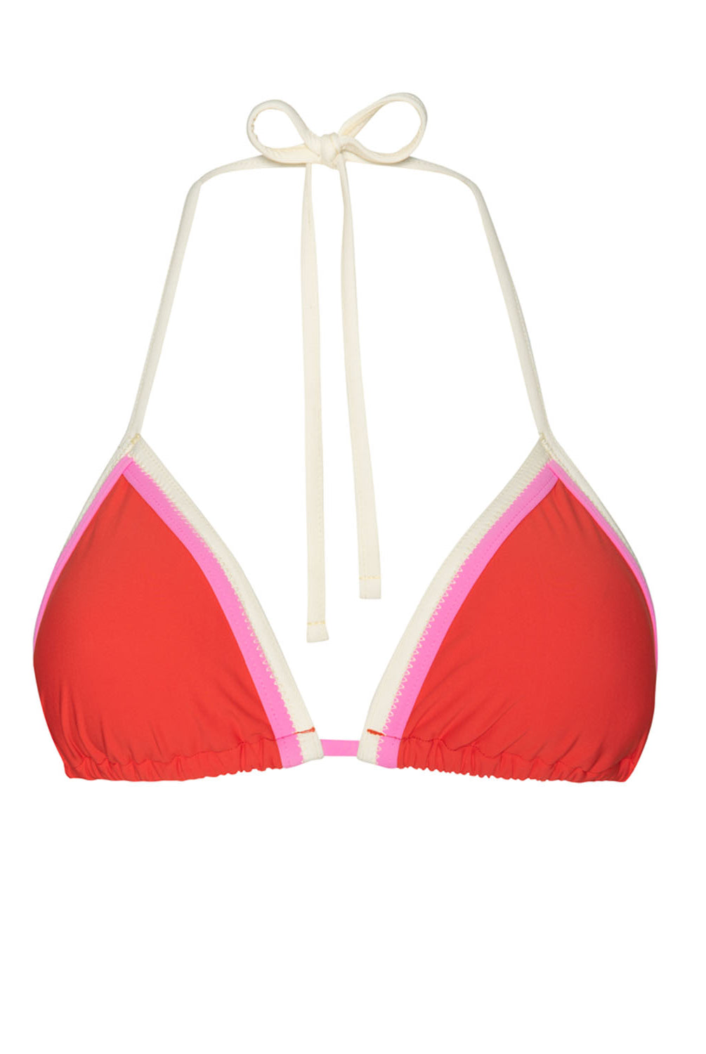 A red triangle bikini top against a white wall.