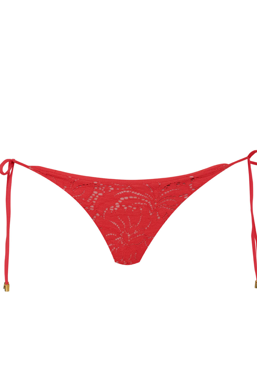 A red lace bikini bottom against a white wall.