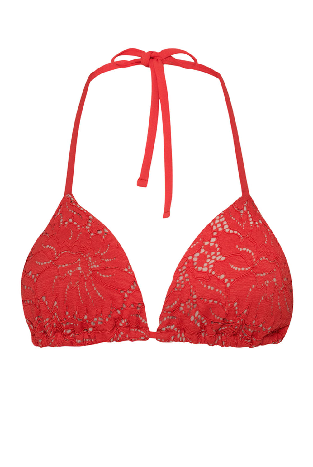 A red lace triangle bikini top against a white wall.