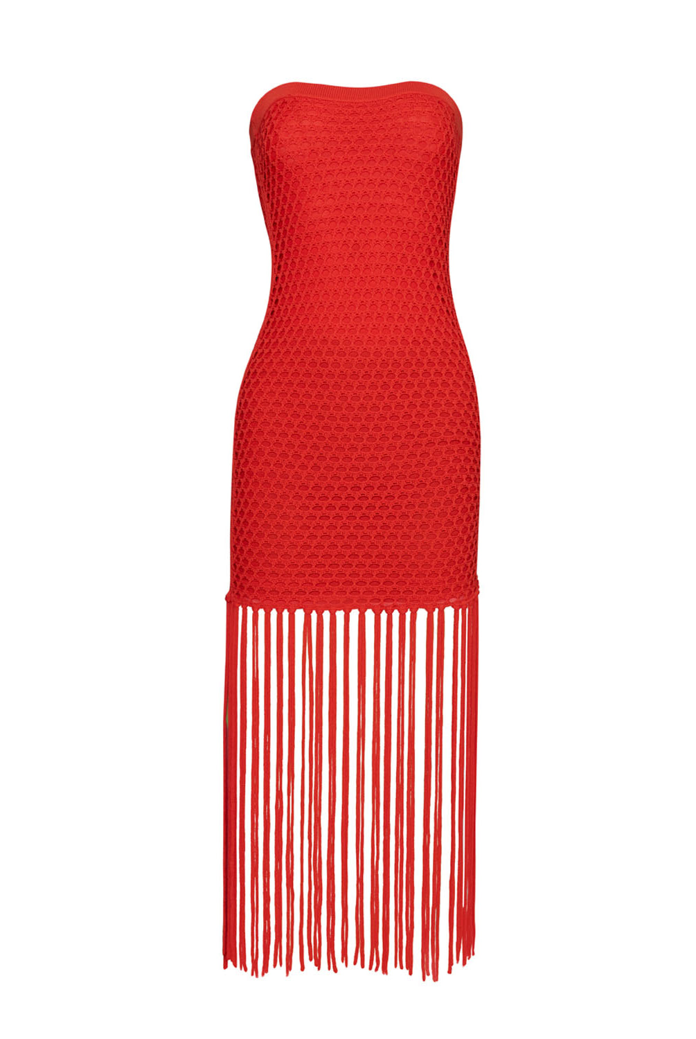 A red mesh strapless dress with fringe against a white wall.
