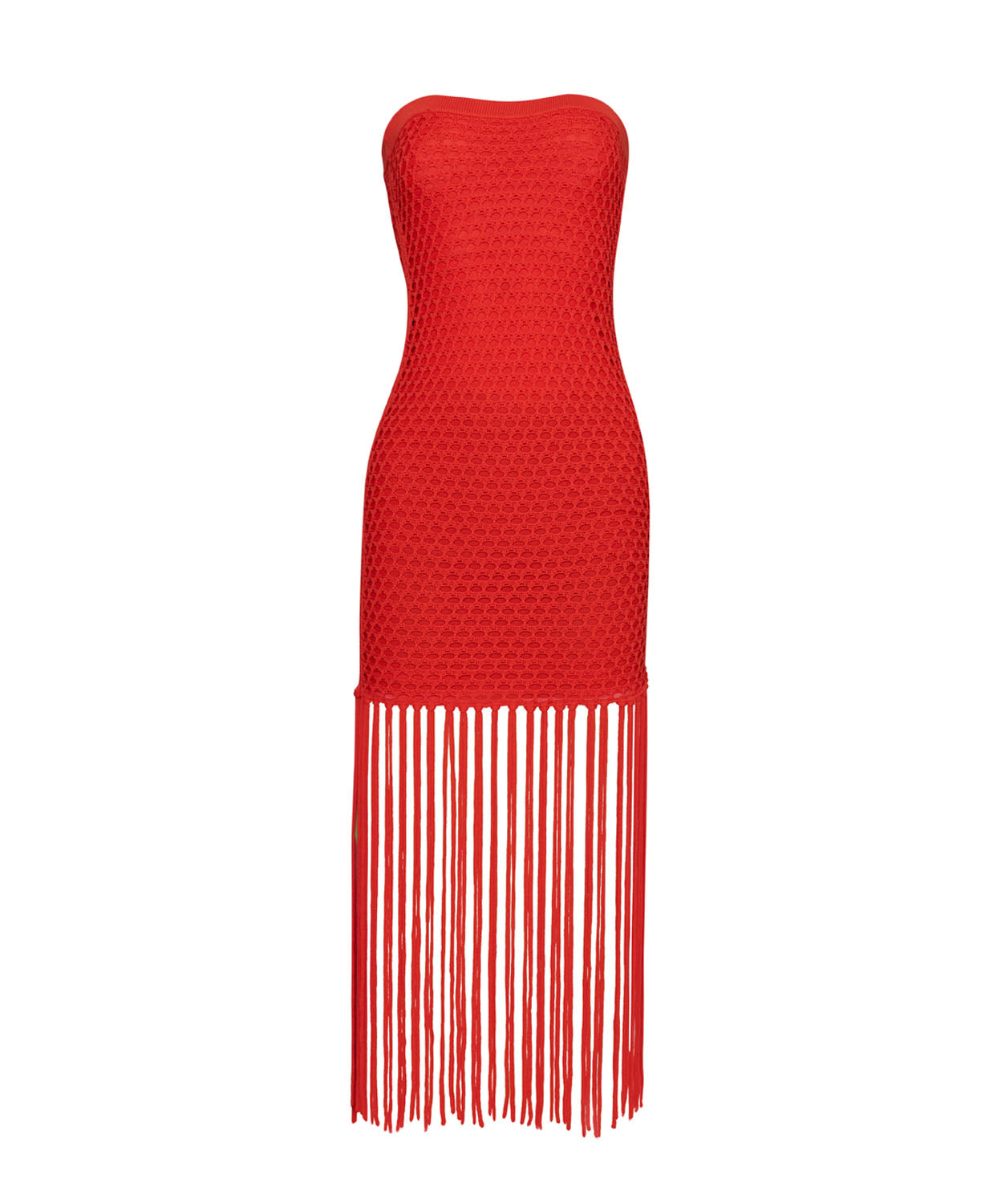A red mesh strapless dress with fringe against a white wall.