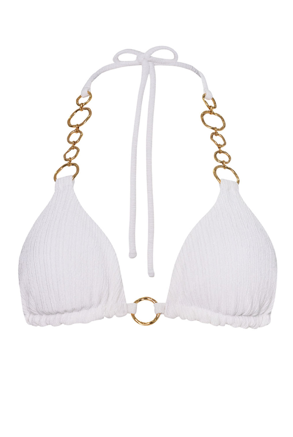 A white triangle bikini top with gold hoops against a white wall.