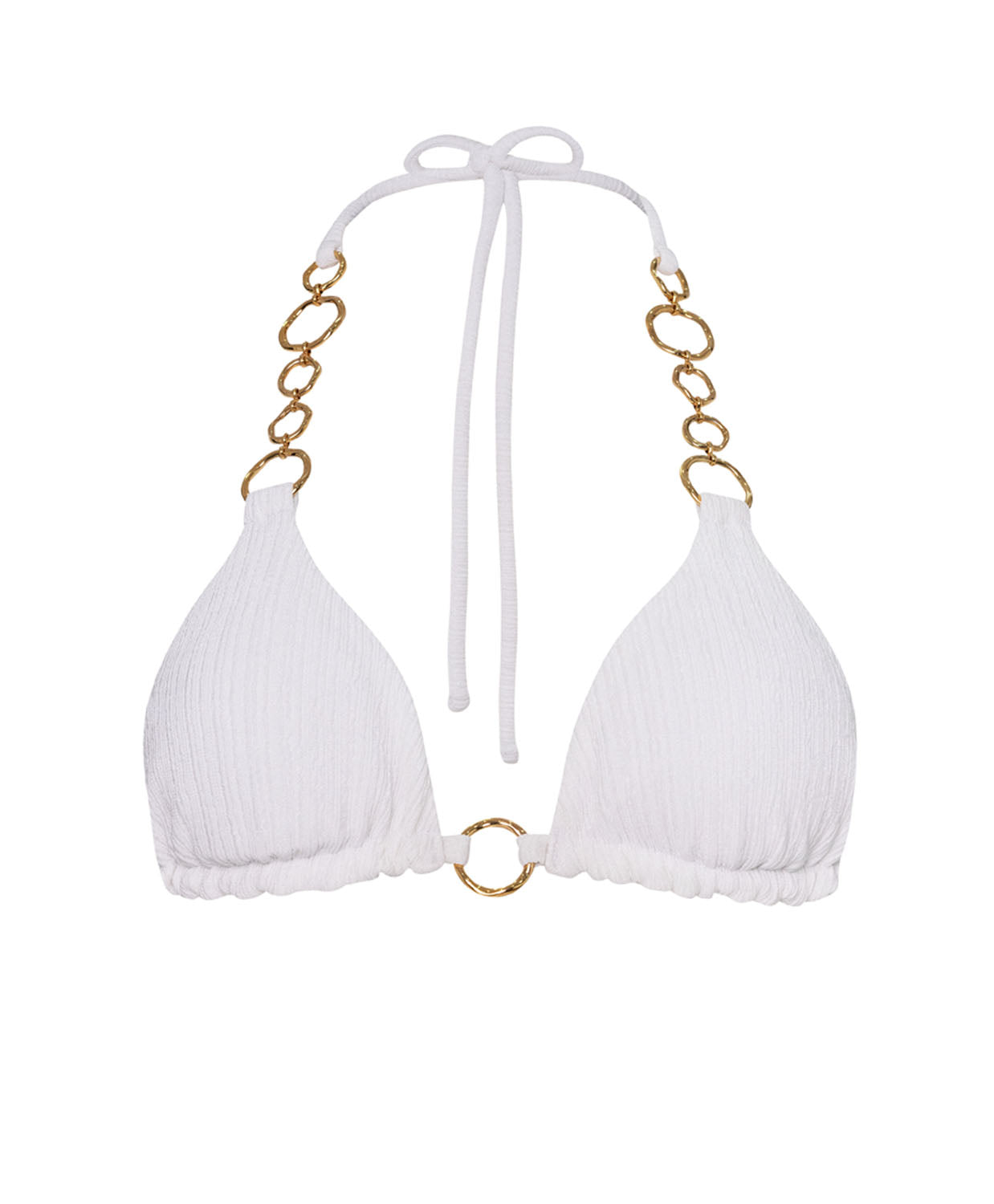 A white triangle bikini top with gold hoops against a white wall.