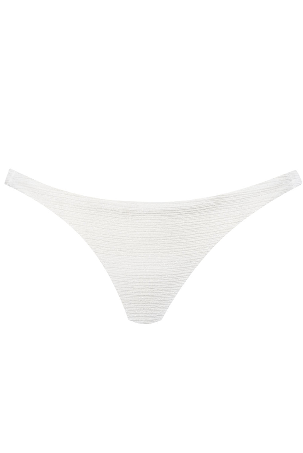 A white bikini bottom with textured fabric against a white wall.