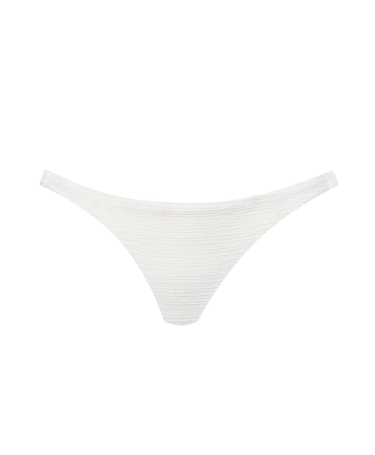 A white bikini bottom with textured fabric against a white wall.