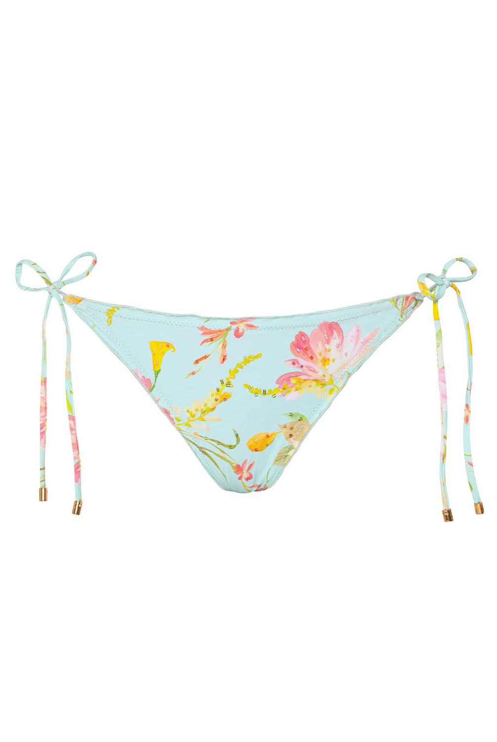 A floral tie side bikini bottom on a white background