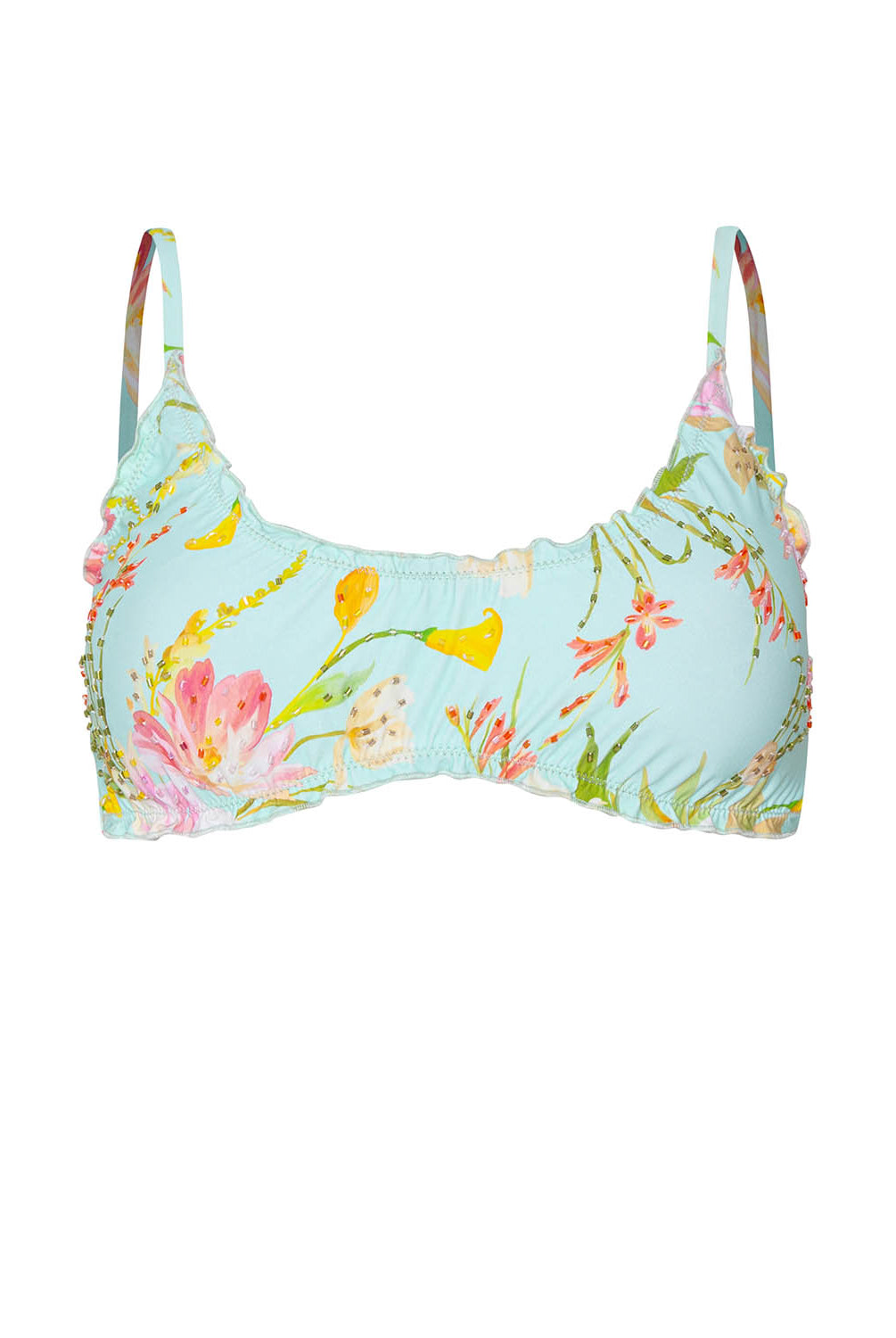 Floral-patterned bikini top on a white background