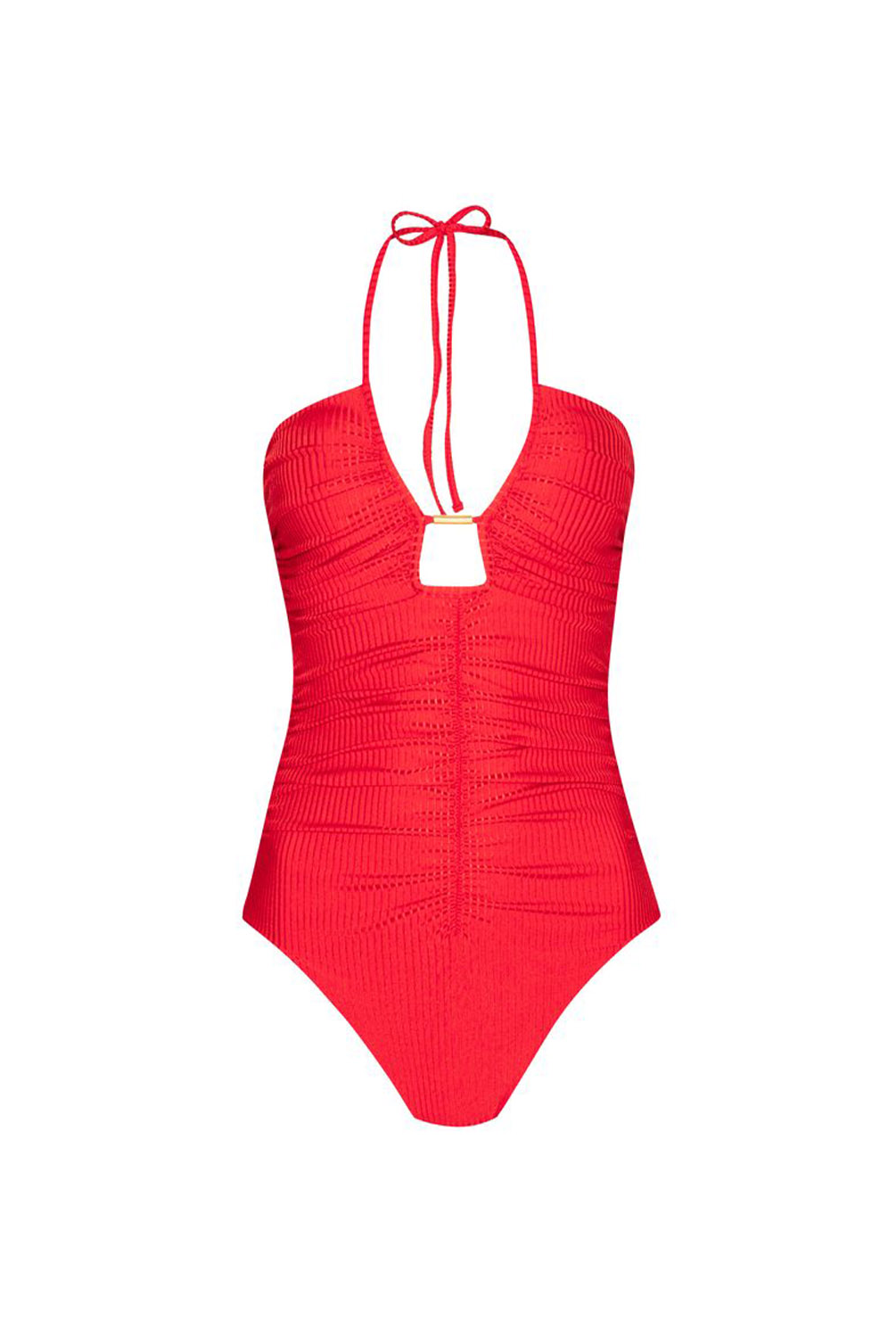 A bright coral one-piece swimsuit with a halter neck, front tie detail, and vertical ruching, shown against a plain white background.