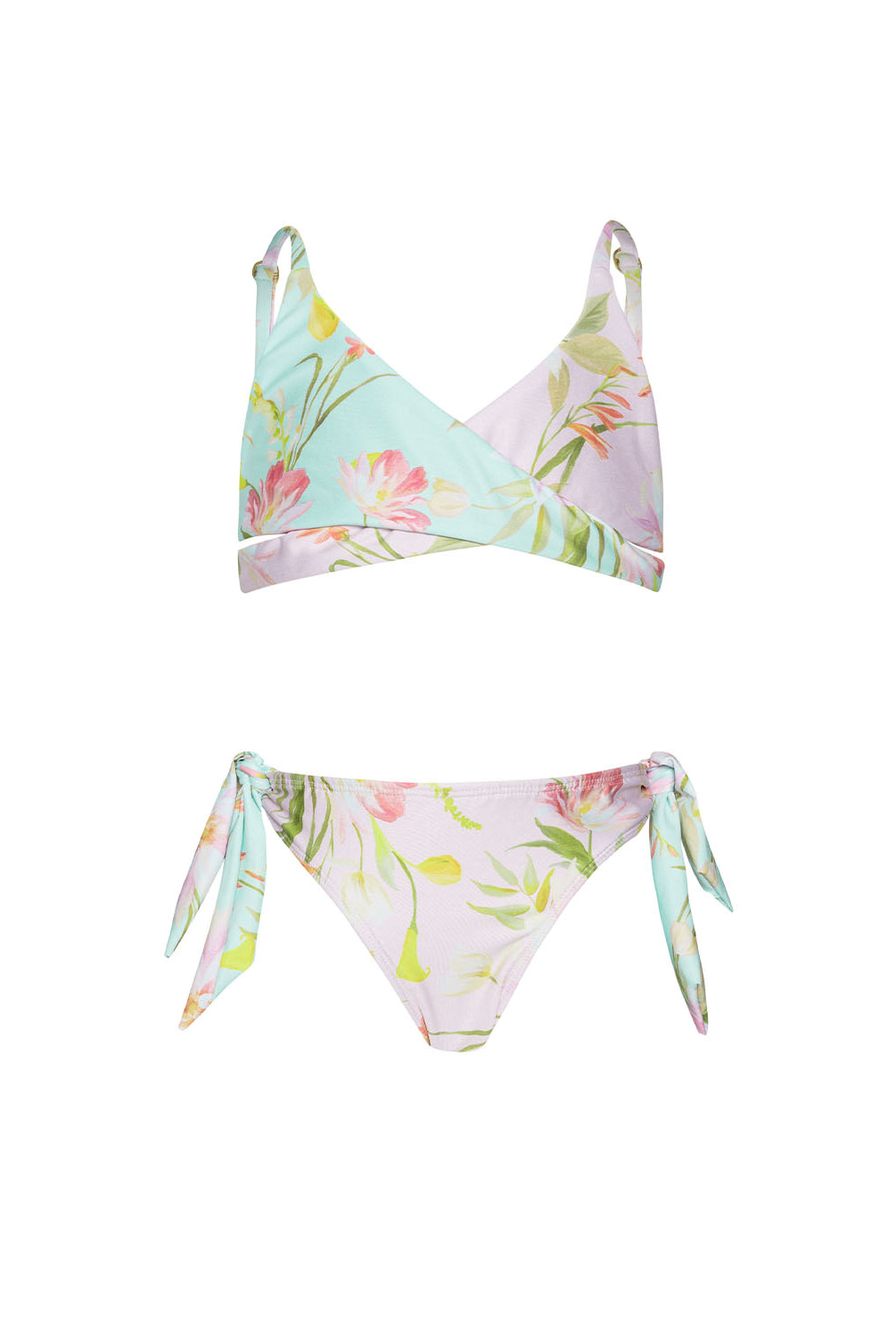 Kids Petal Gianna Bikini – light blue floral two-piece with crisscross top and oversized tie bottoms, perfect for sunny beach days.