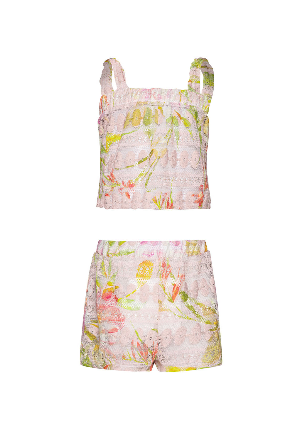 Floral two-piece set with top and shorts on a white background