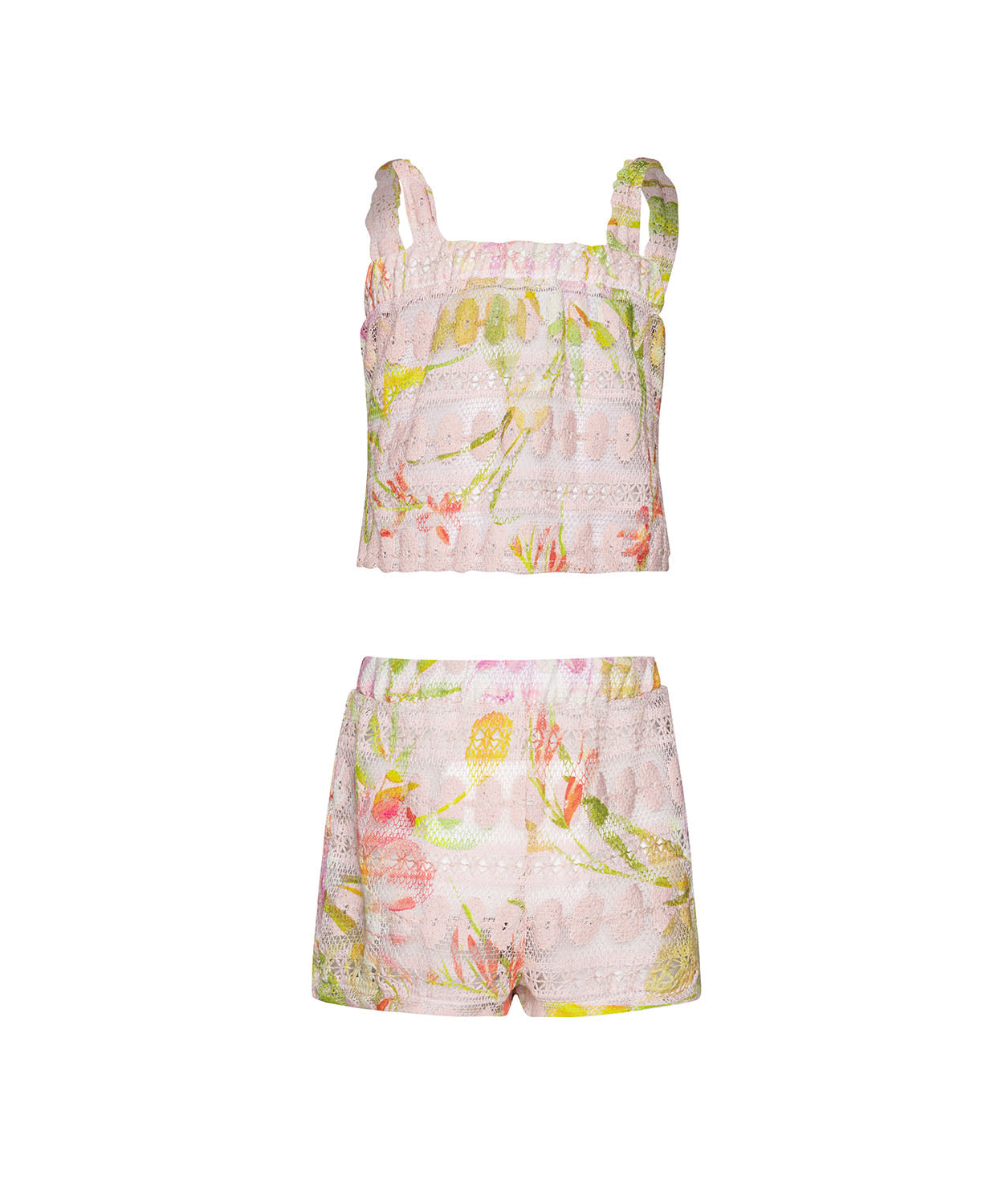 Floral two-piece set with top and shorts on a white background