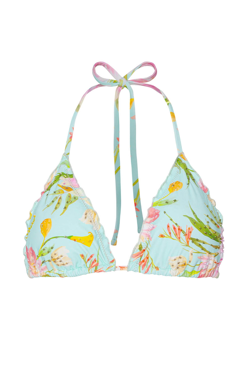 Floral-patterned bikini top on a white background