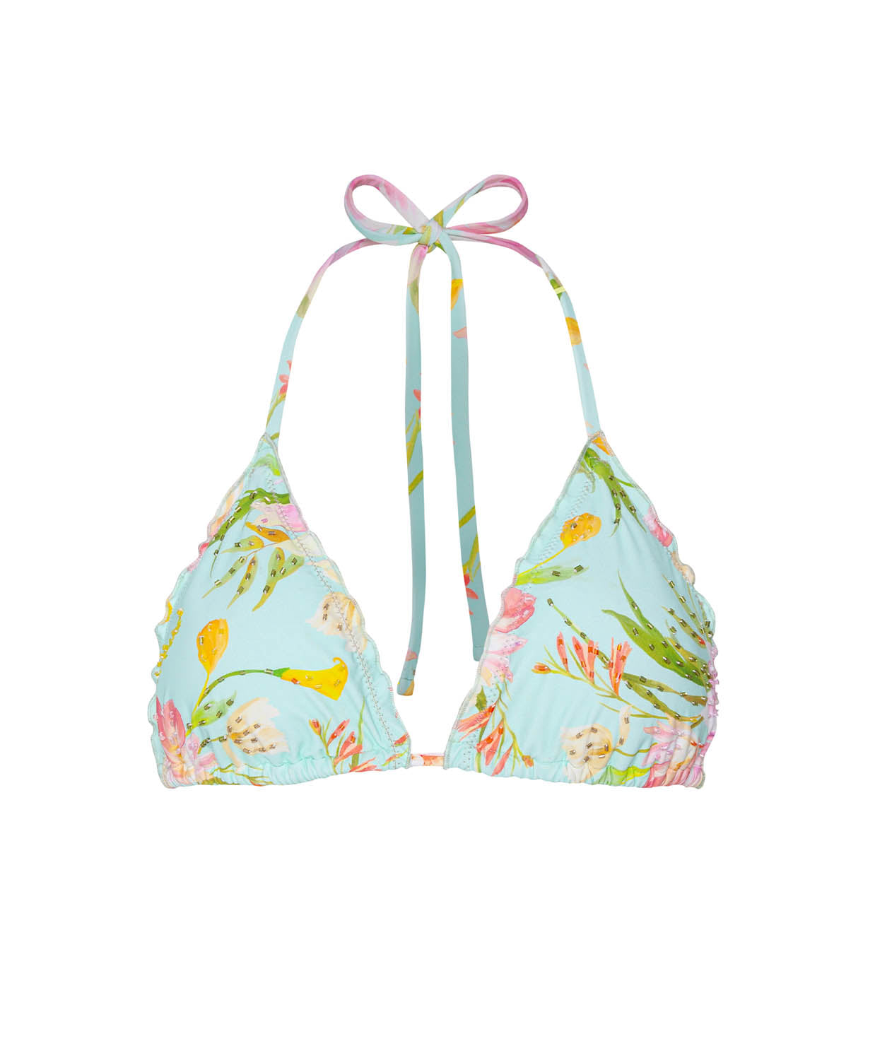 Floral-patterned bikini top on a white background