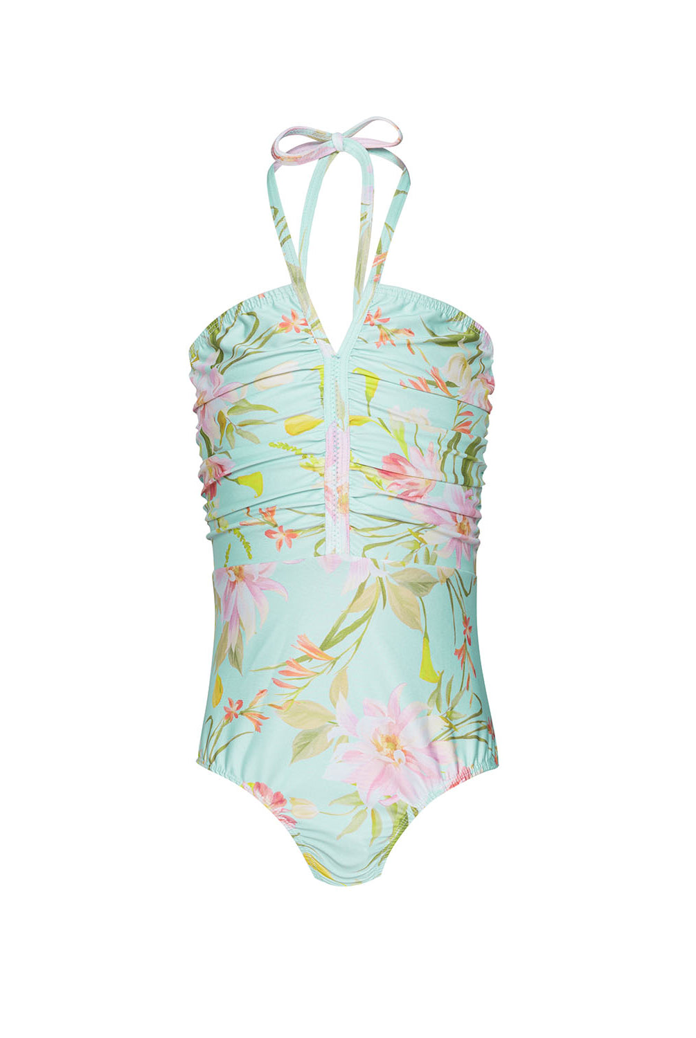 Kids Petal Little Josie One Piece — light blue floral swimsuit with front ruching and halter neck ties, offering a vibrant tropical look.
