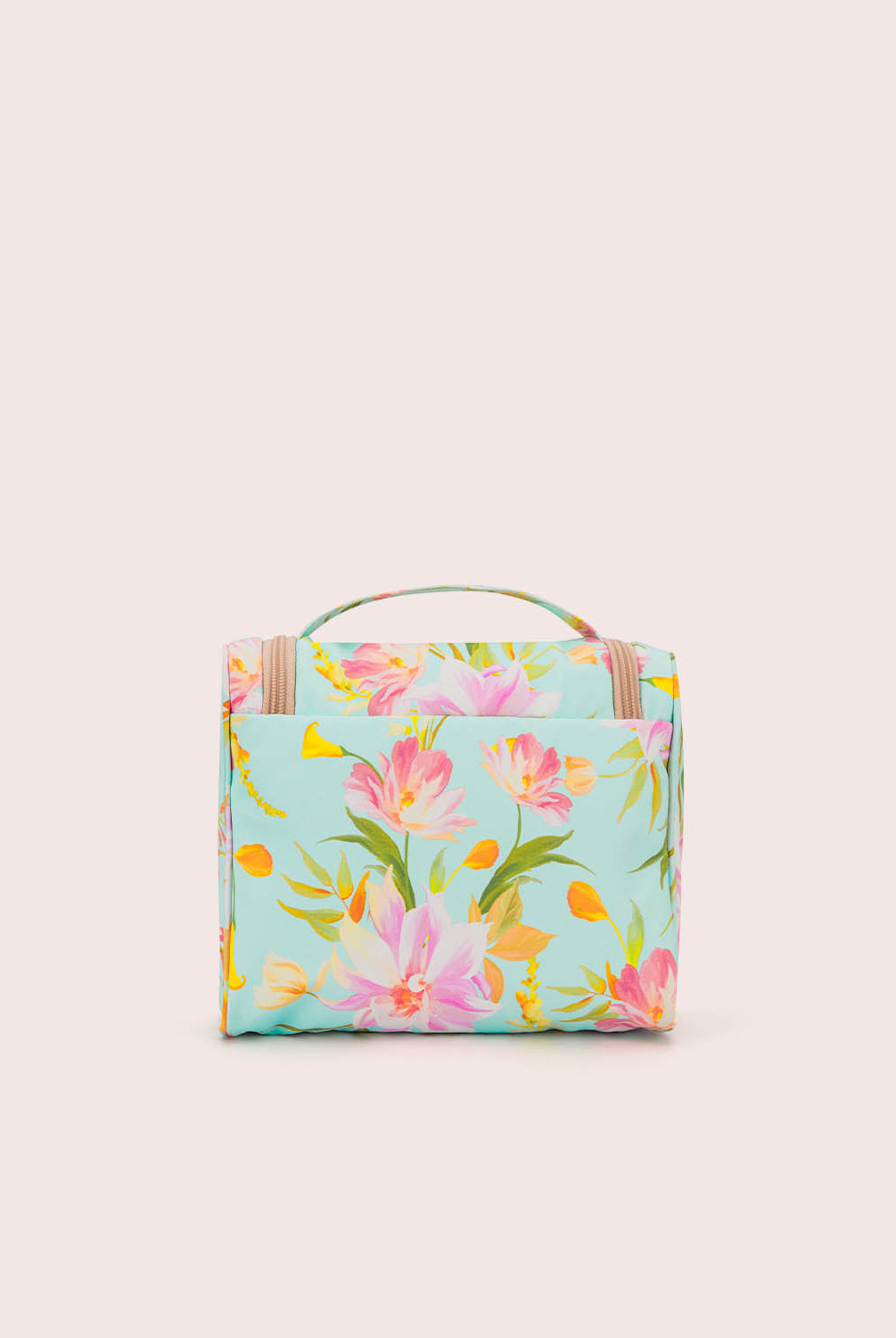 Floral-patterned bag on a light pink background