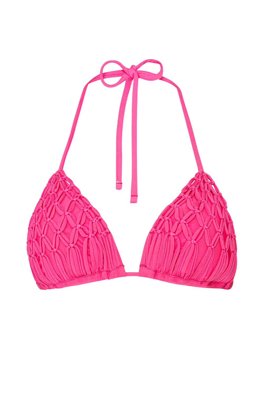 Pink bikini top with macrame design and thin straps on a white background