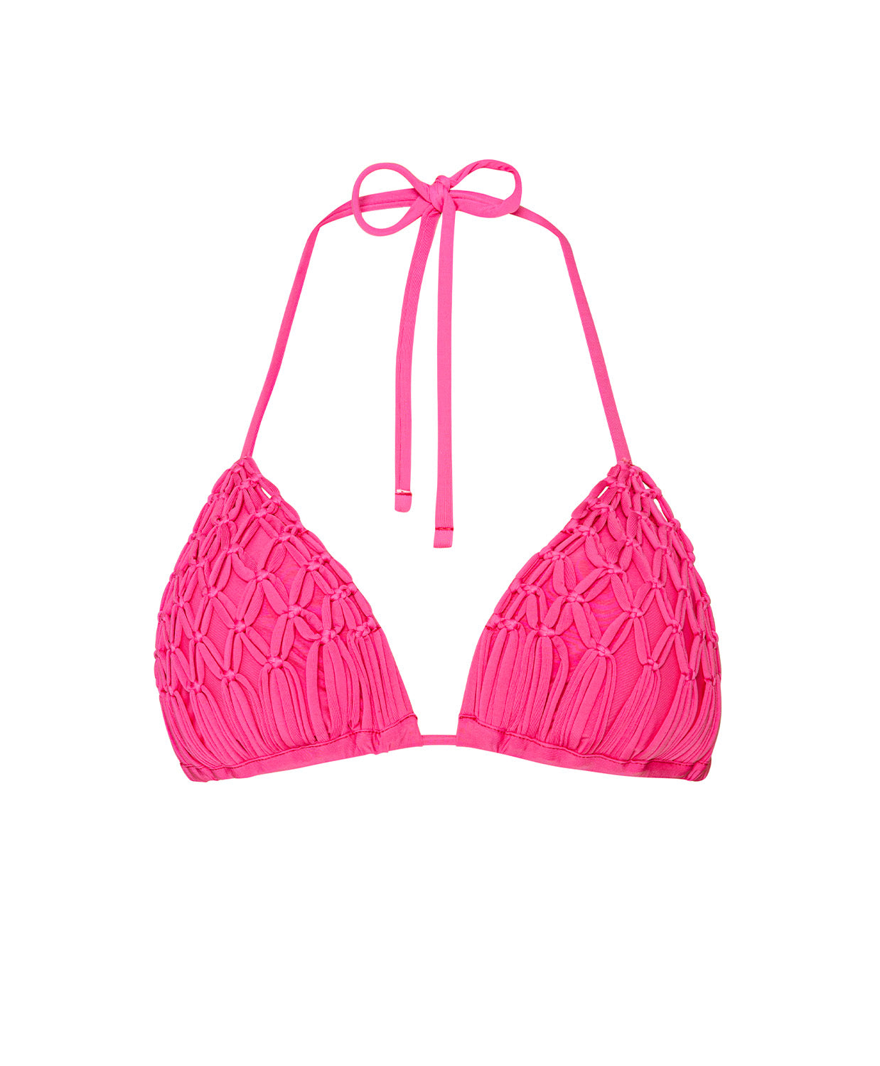 Pink bikini top with macrame design and thin straps on a white background