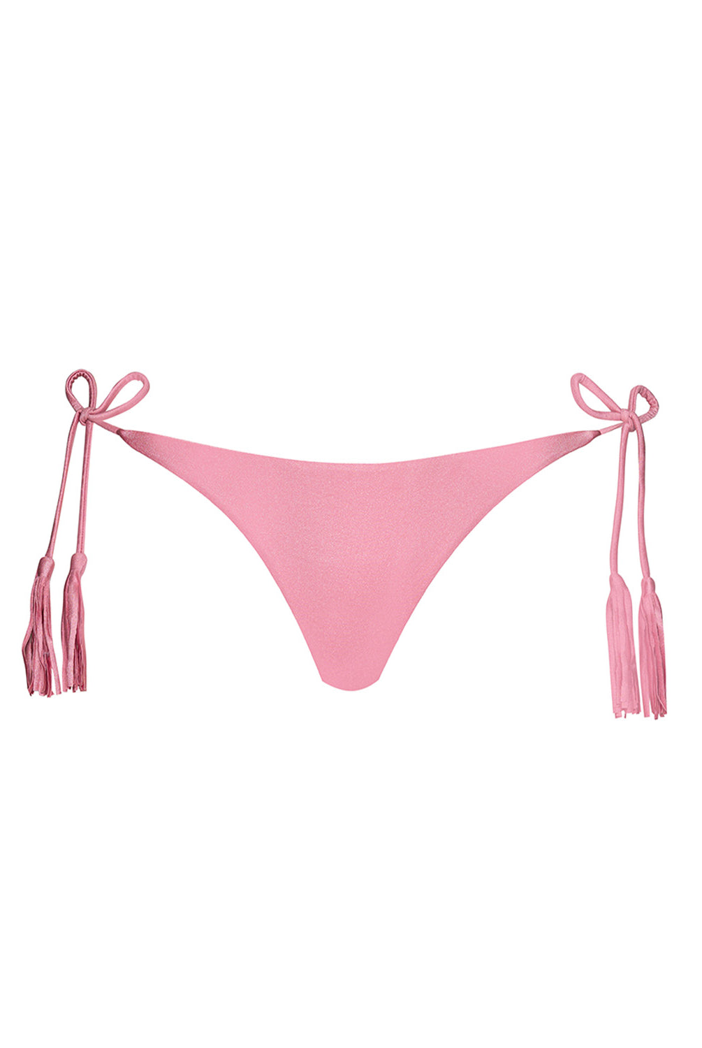 Pink bikini bottoms with a tie side closure against a white wall.