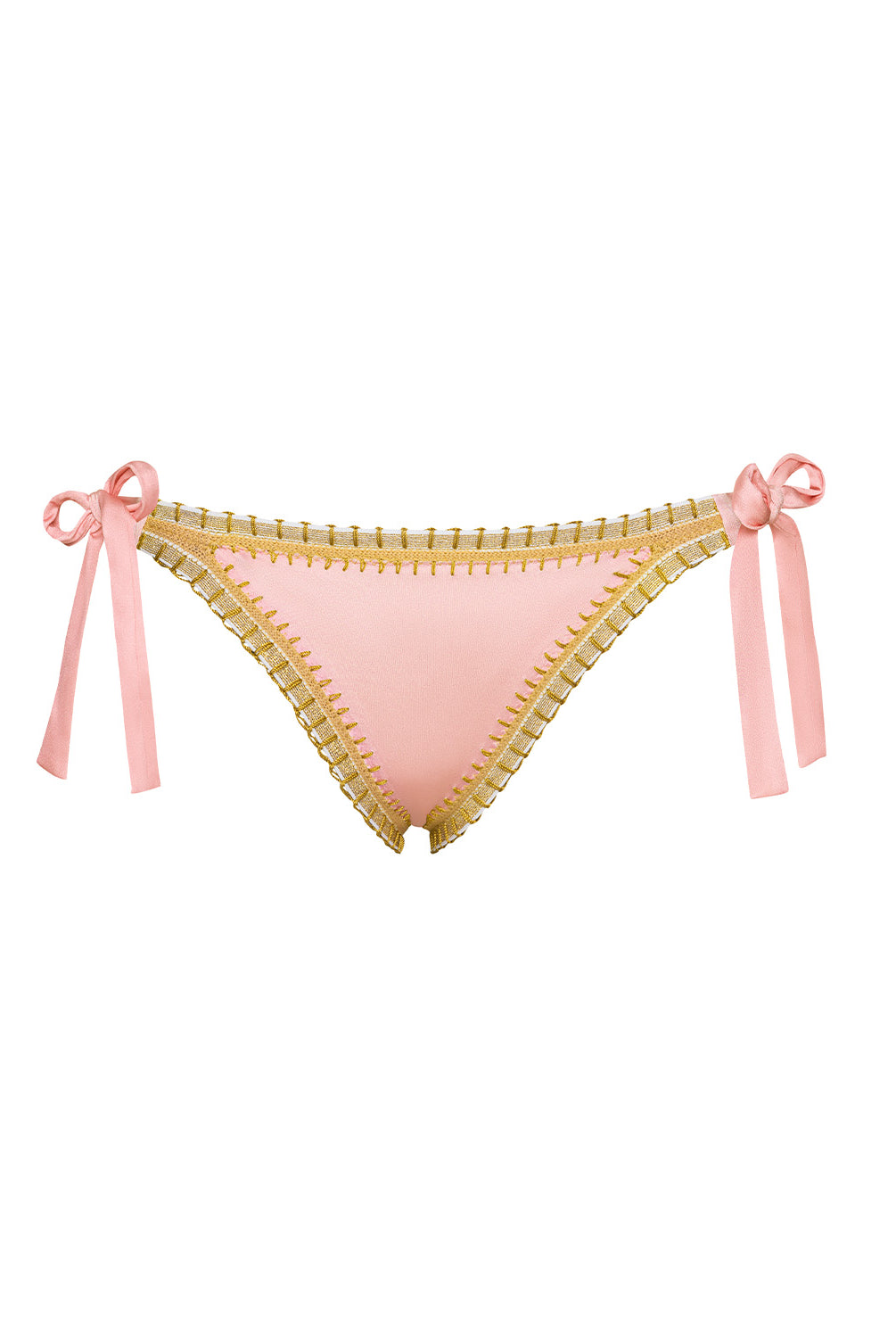 Pink bikini bottom with gold trim and pink ties on a white background