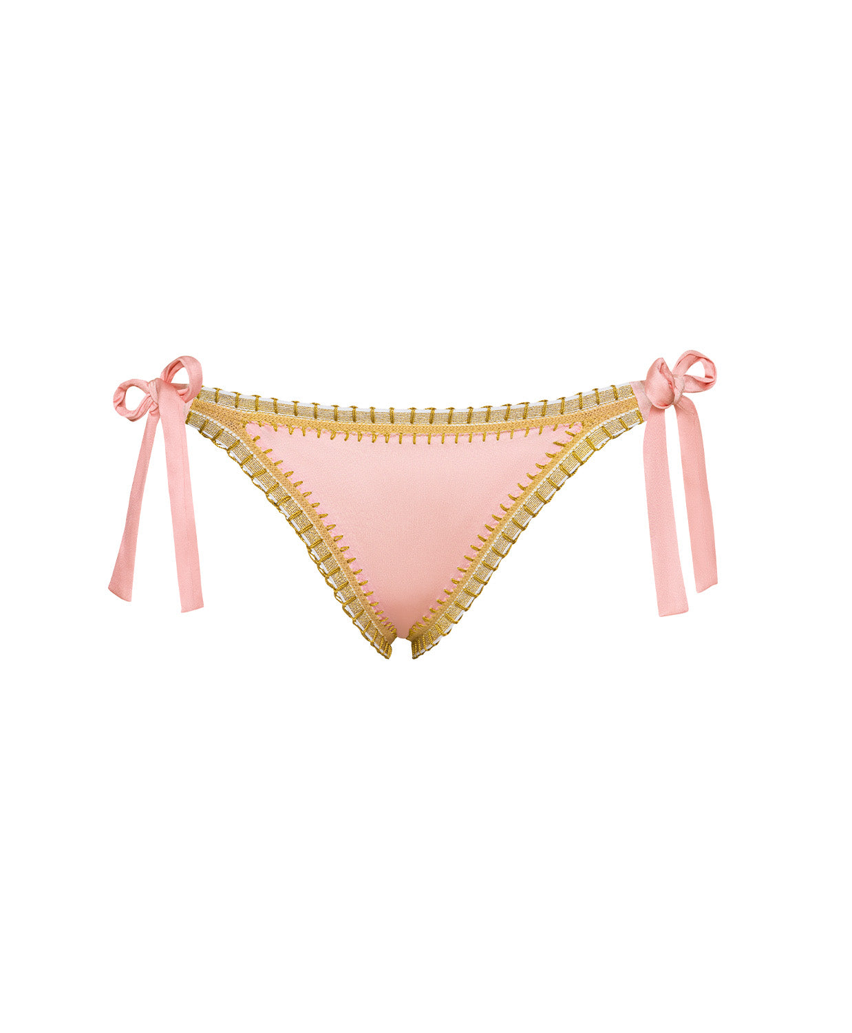 Pink bikini bottom with gold trim and pink ties on a white background