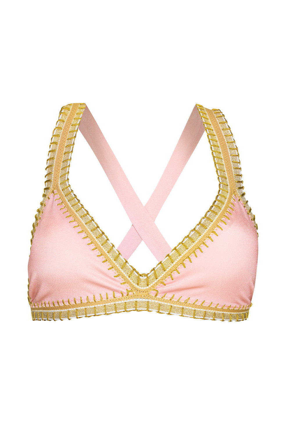 Pink bikini top with gold trim on a white background