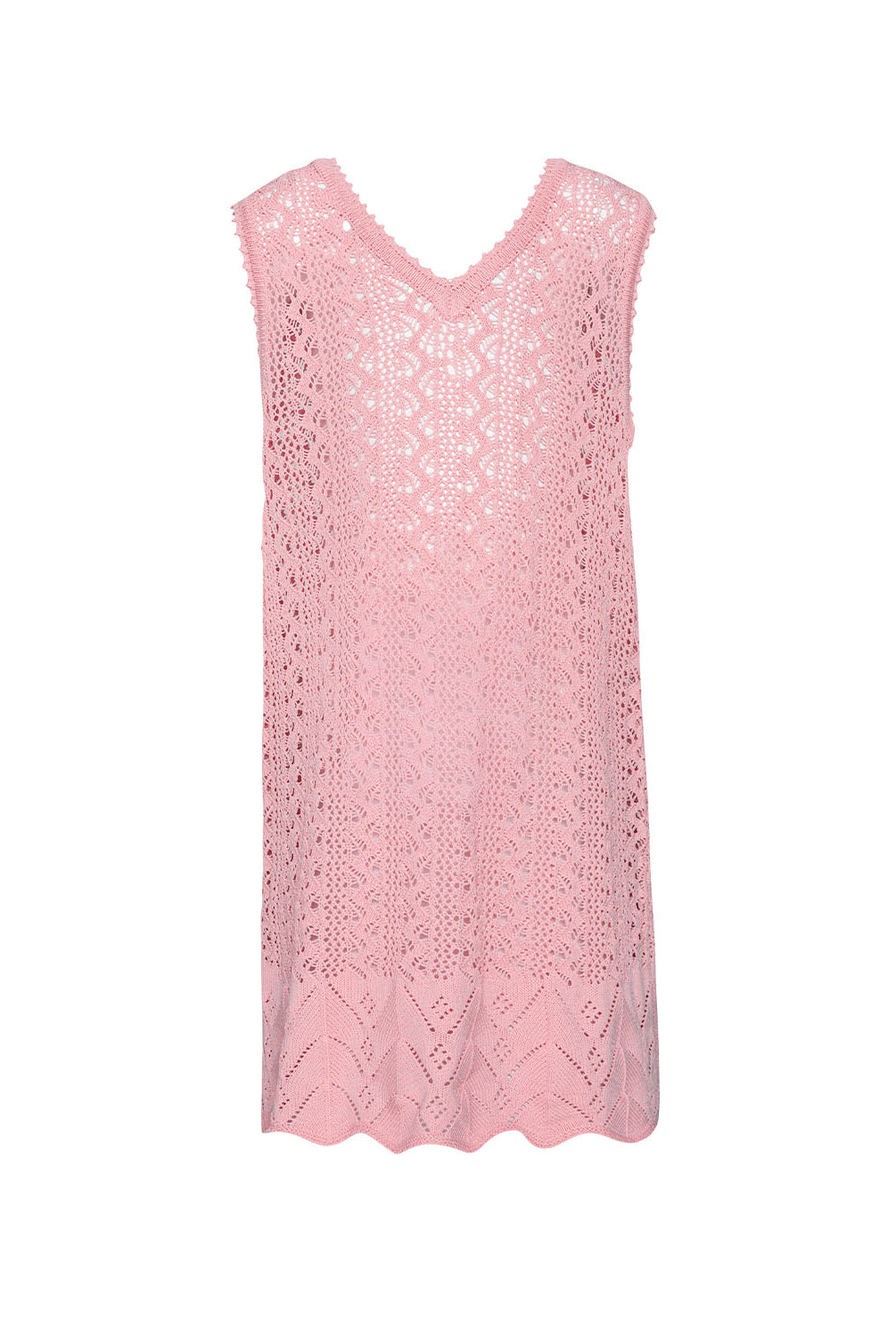 Kids Pink Sands Kaia Knit Dress – soft pink crochet cover-up with playful knit details and relaxed V-neckline.