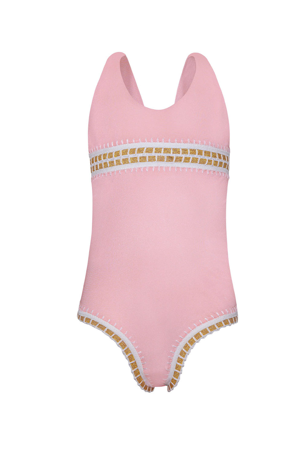 Kids Pink Sands Mabel Rainbow Embroidered One Piece – soft pink swimsuit with gold embroidery inspired by Solange Ferrarini’s colorful designs.