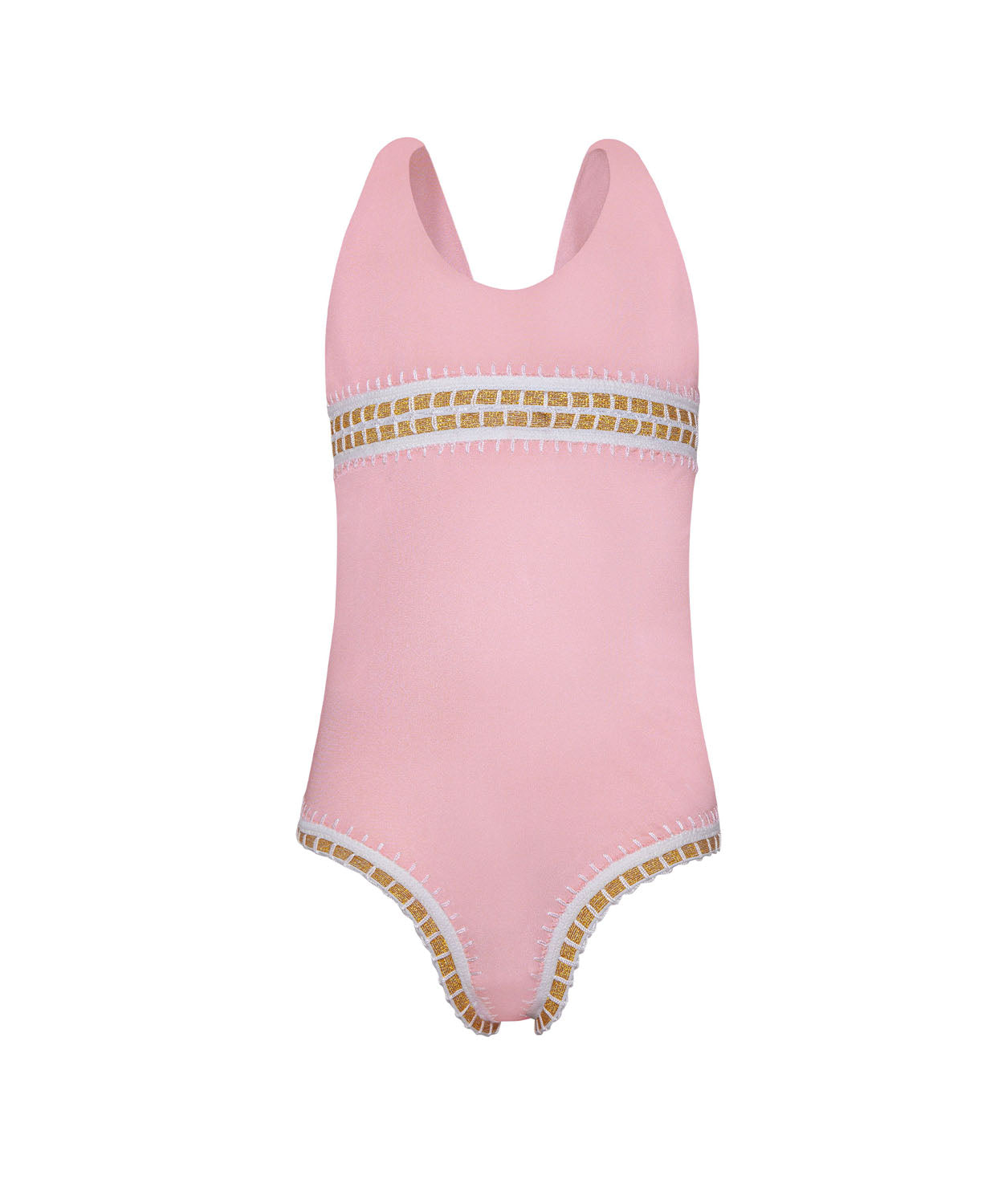 Kids Pink Sands Mabel Rainbow Embroidered One Piece – soft pink swimsuit with gold embroidery inspired by Solange Ferrarini’s colorful designs.