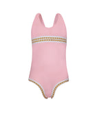 Kids Pink Sands Mabel Rainbow Embroidered One Piece – soft pink swimsuit with gold embroidery inspired by Solange Ferrarini’s colorful designs.