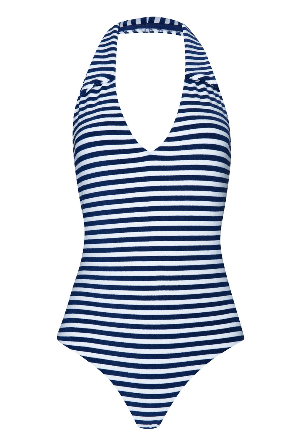 A blue and white striped one piece swim suit against a white wall.