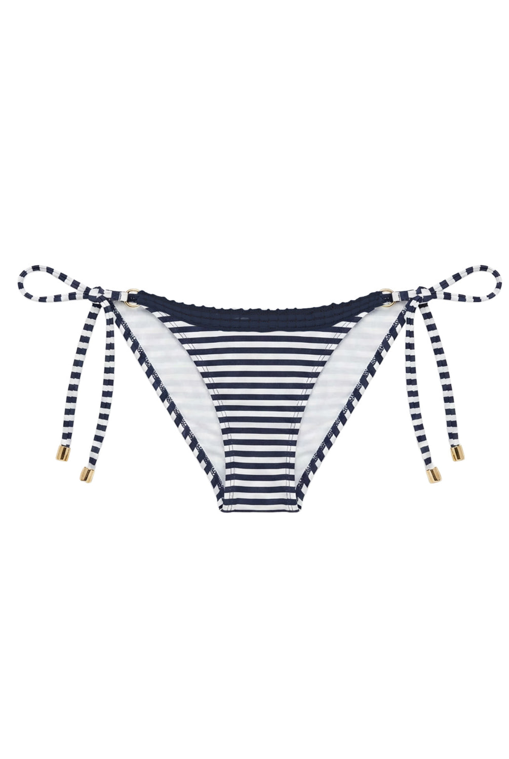 Striped bikini bottom with bow details on a white background