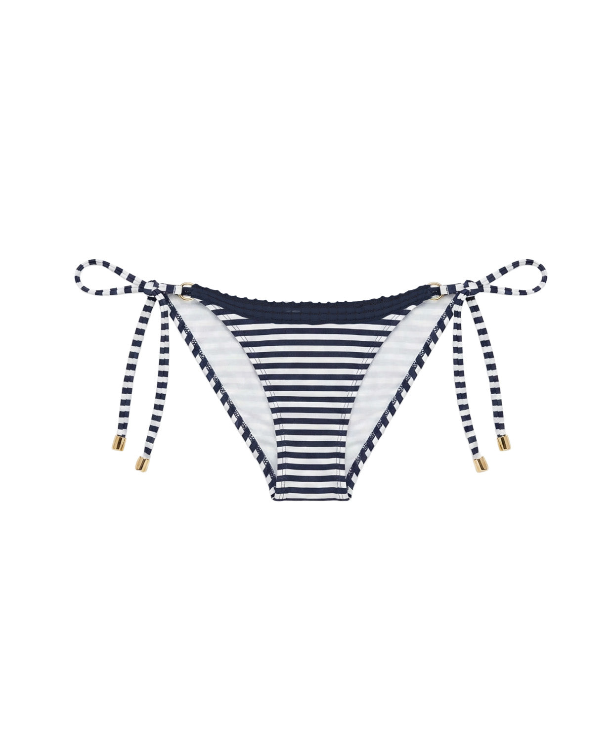 Striped bikini bottom with bow details on a white background