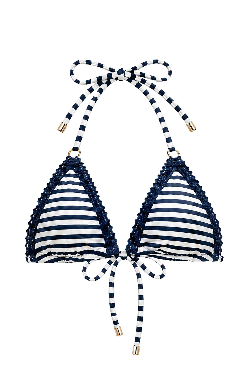 Navy and white striped bikini top with decorative straps on a white background