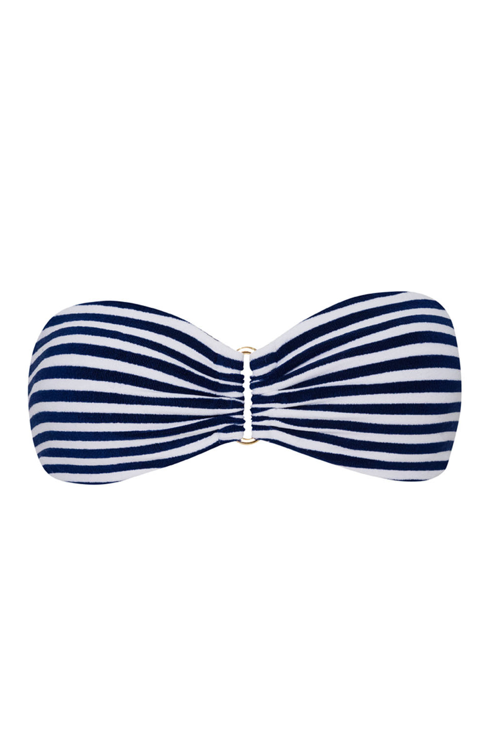 A blue and white striped bandeau bikini top against a white wall.