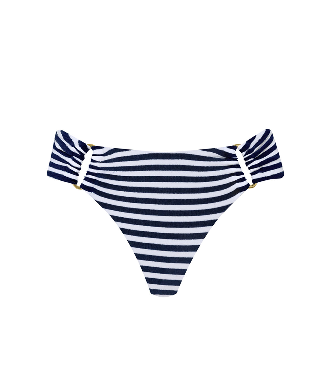 A blue and white striped high waist bikini bottoms against a white wall.