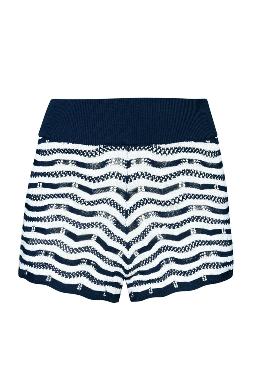 Blue and white striped knit shorts against a white wall.