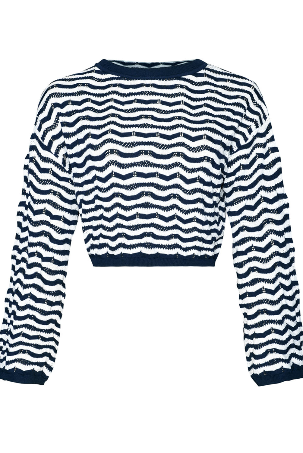 A long sleeve blue and white striped knit top against a white wall.