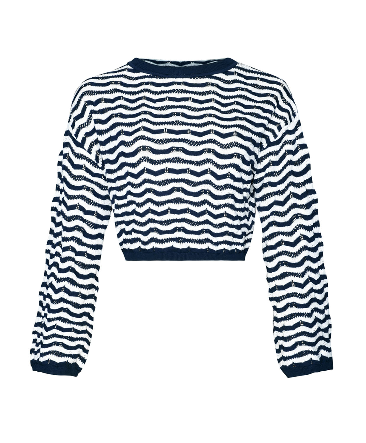 A long sleeve blue and white striped knit top against a white wall.