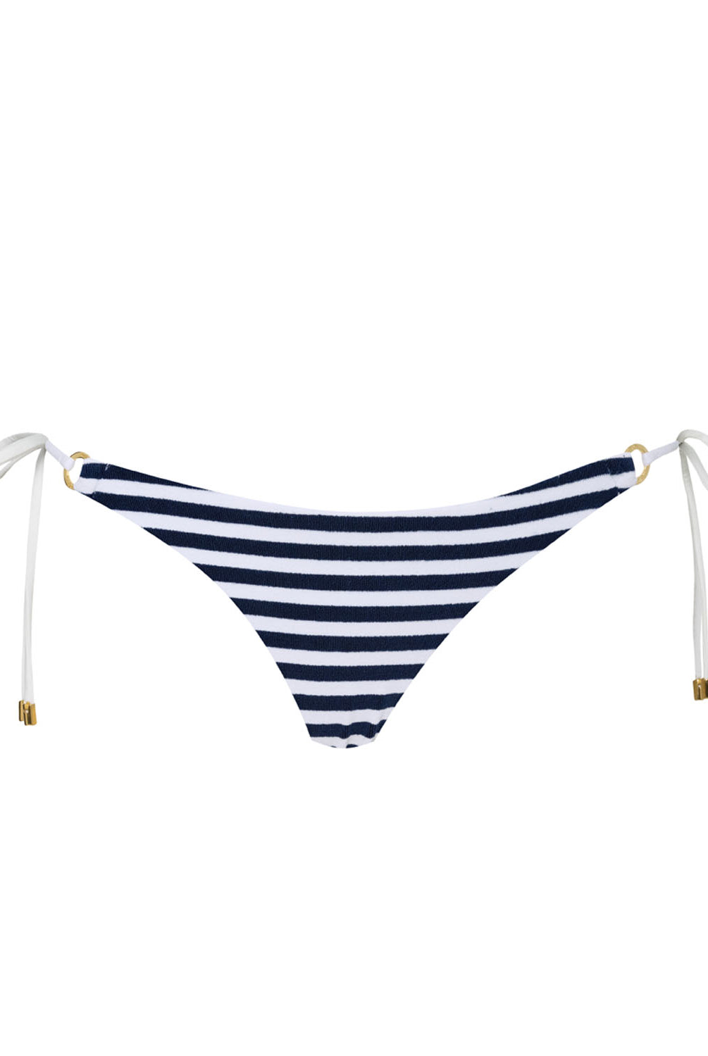 A blue and white striped tie side bikini bottom against a white wall.
